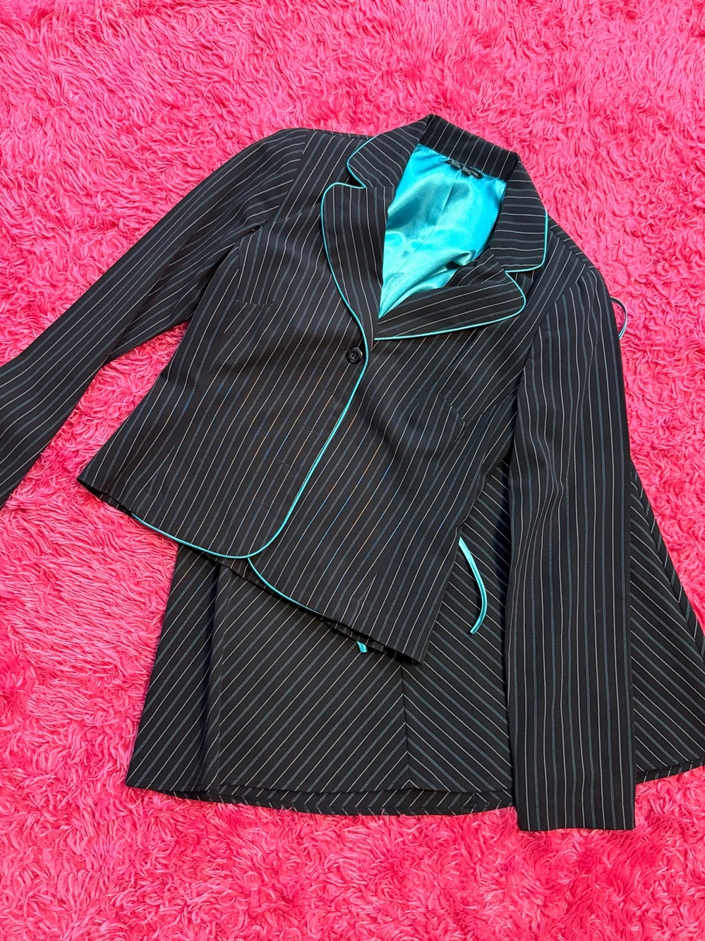 My Michelle Black Pinstripe Blazer with Teal Trim